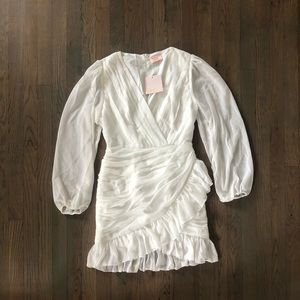 SHOWPO CAN I BE YOUR HONEY PLUNGE BALLOON SLEEVE MINI DRESS IN WHITE